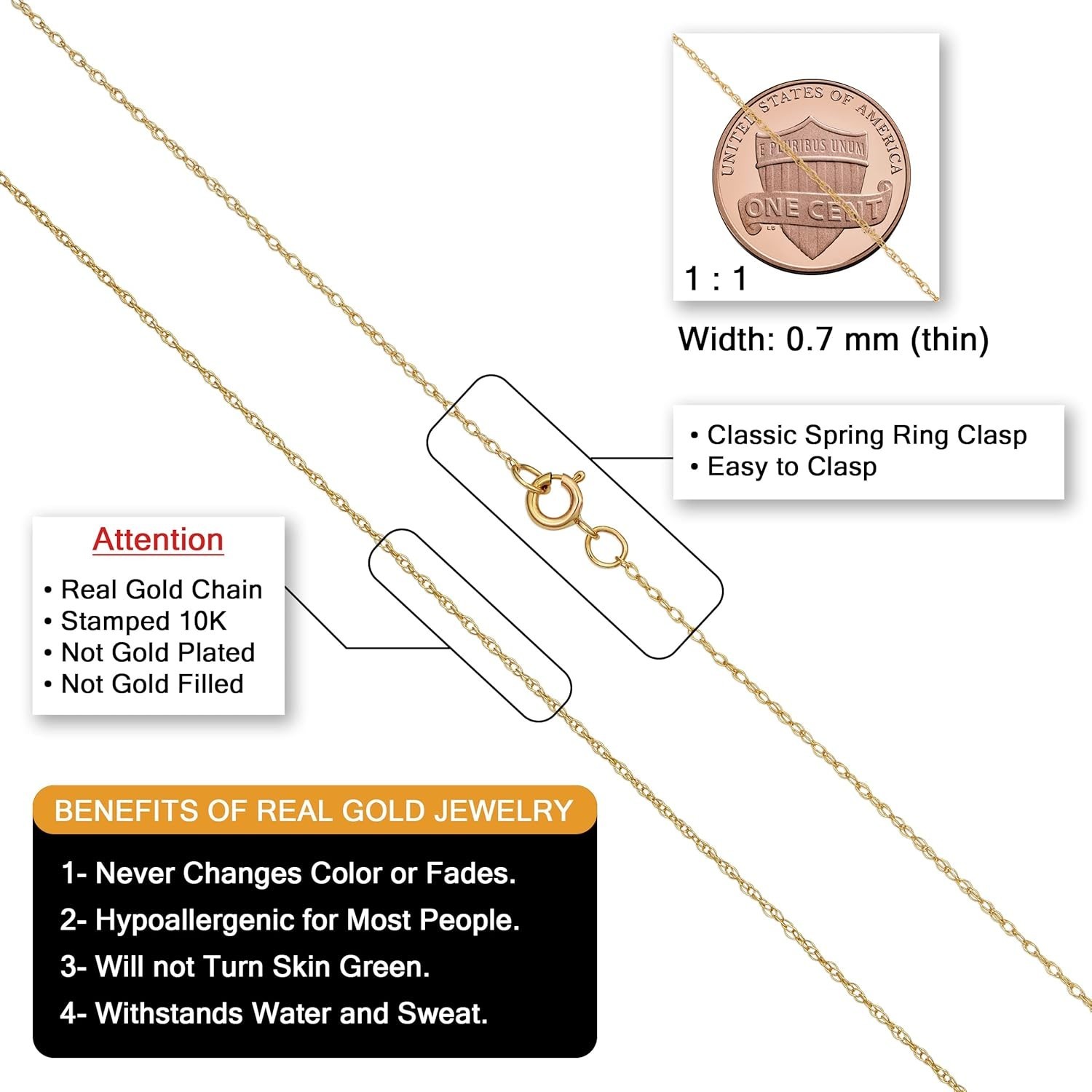 Elegant 10k Gold Thin Rope Chain Necklace – 14 Inches of Sophisticated Style