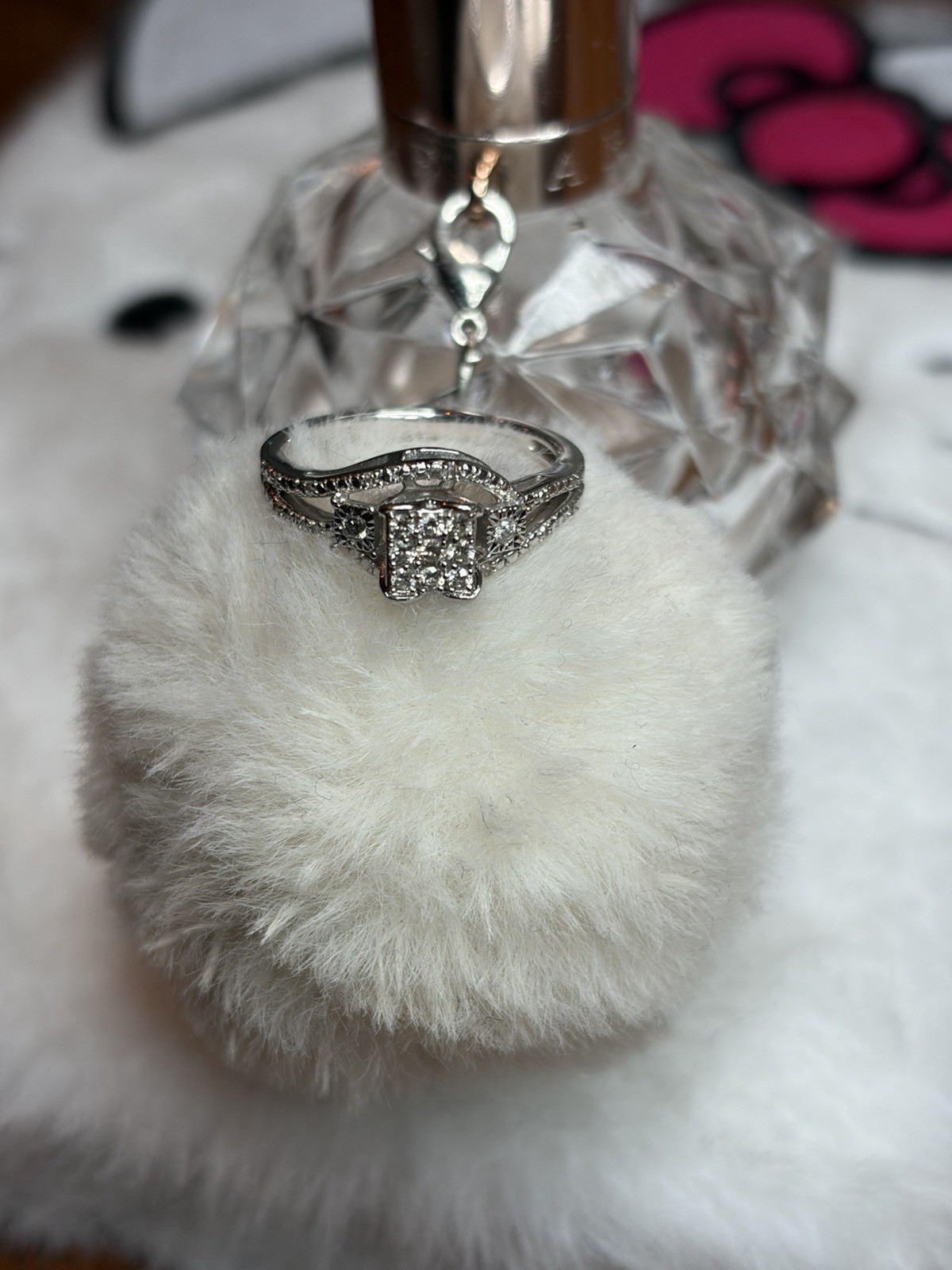 10 kt White Gold/Real Diamonds, Style Square Cluster Band Ring, Size 7