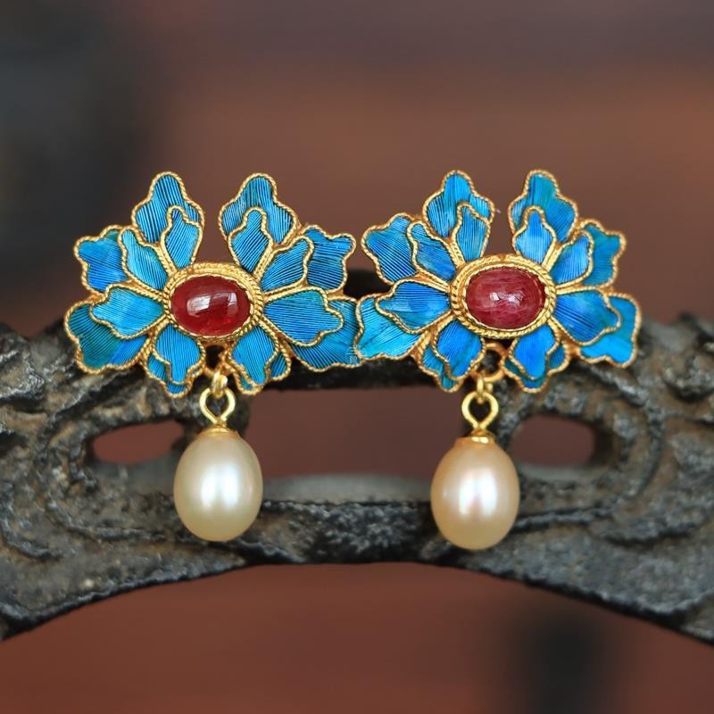 Enamel Peony Earrings Retro Style Drop Dangle Jewelry Chinese Hanfu Accessory