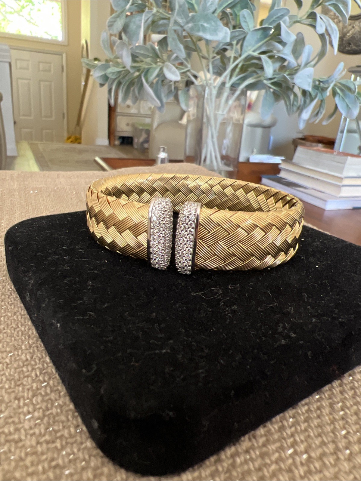 JCM Gold Vermeil 925 Bold Woven Cuff Bracelet With Silver And Crystal End Caps.