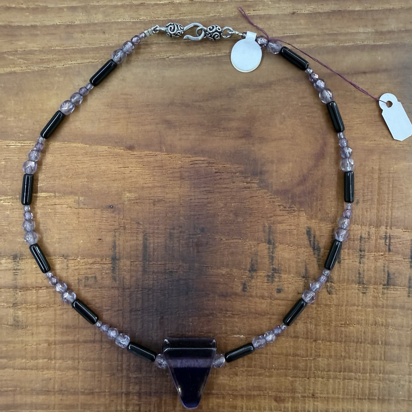 Beaded Ball Necklace Blue Trapezoid Charm Pendant, Hook Closure, 16 in