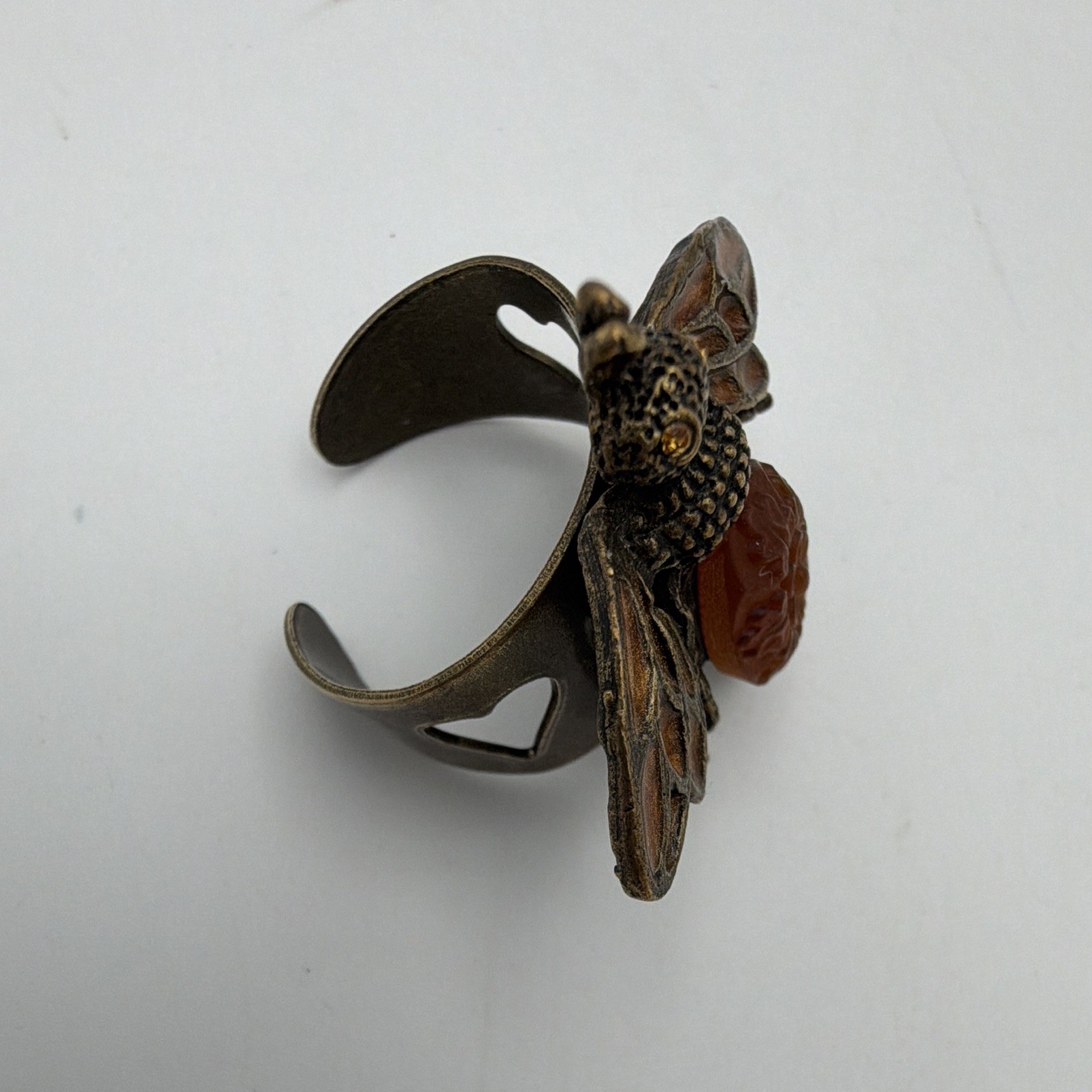 Bronze Tone Bee Adjustable Cuff Ring Brown Bead Metal Animals & Insects