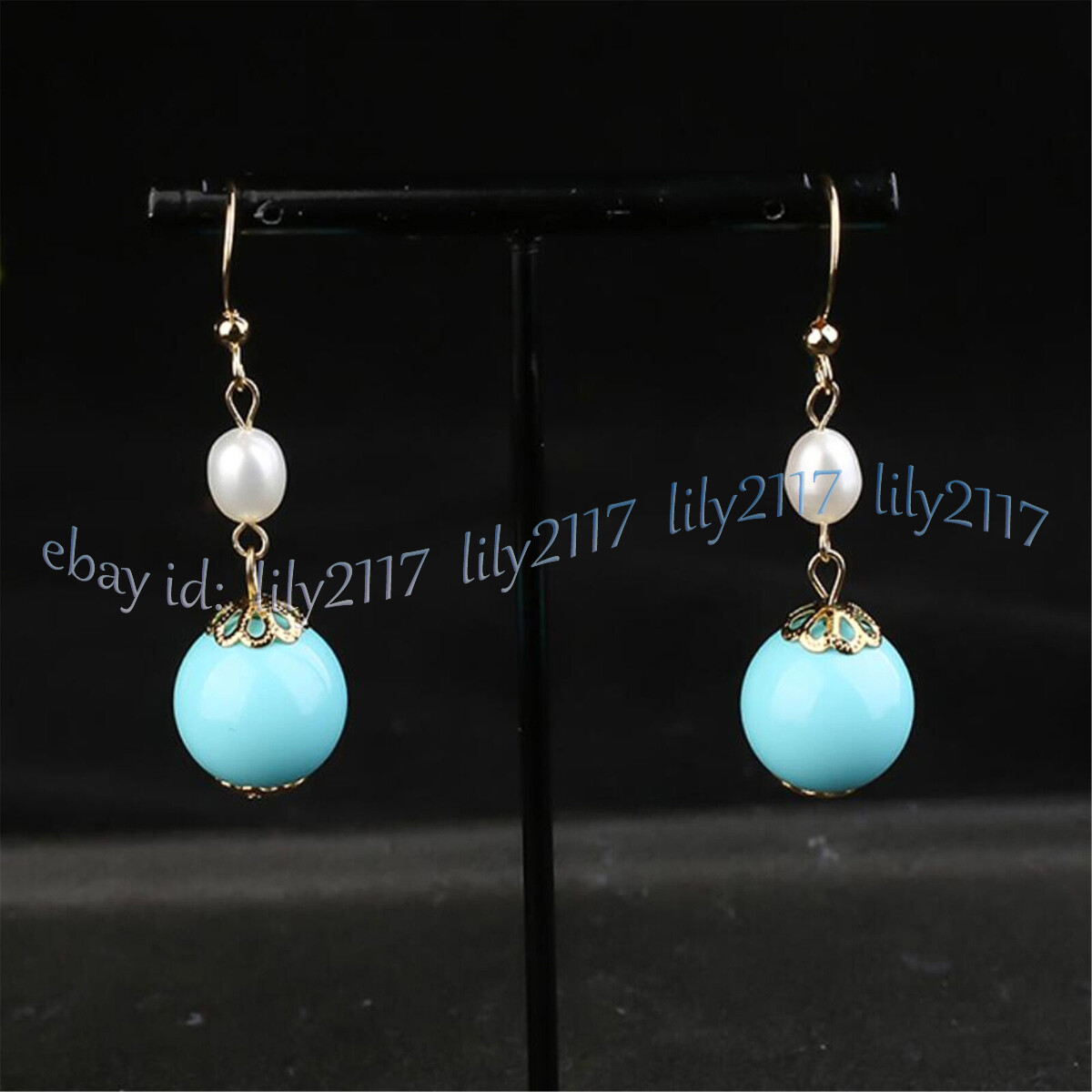 12mm Blue Turquoise Round Gemstone 6-7mm Natural White Pearl Dangle Earrings