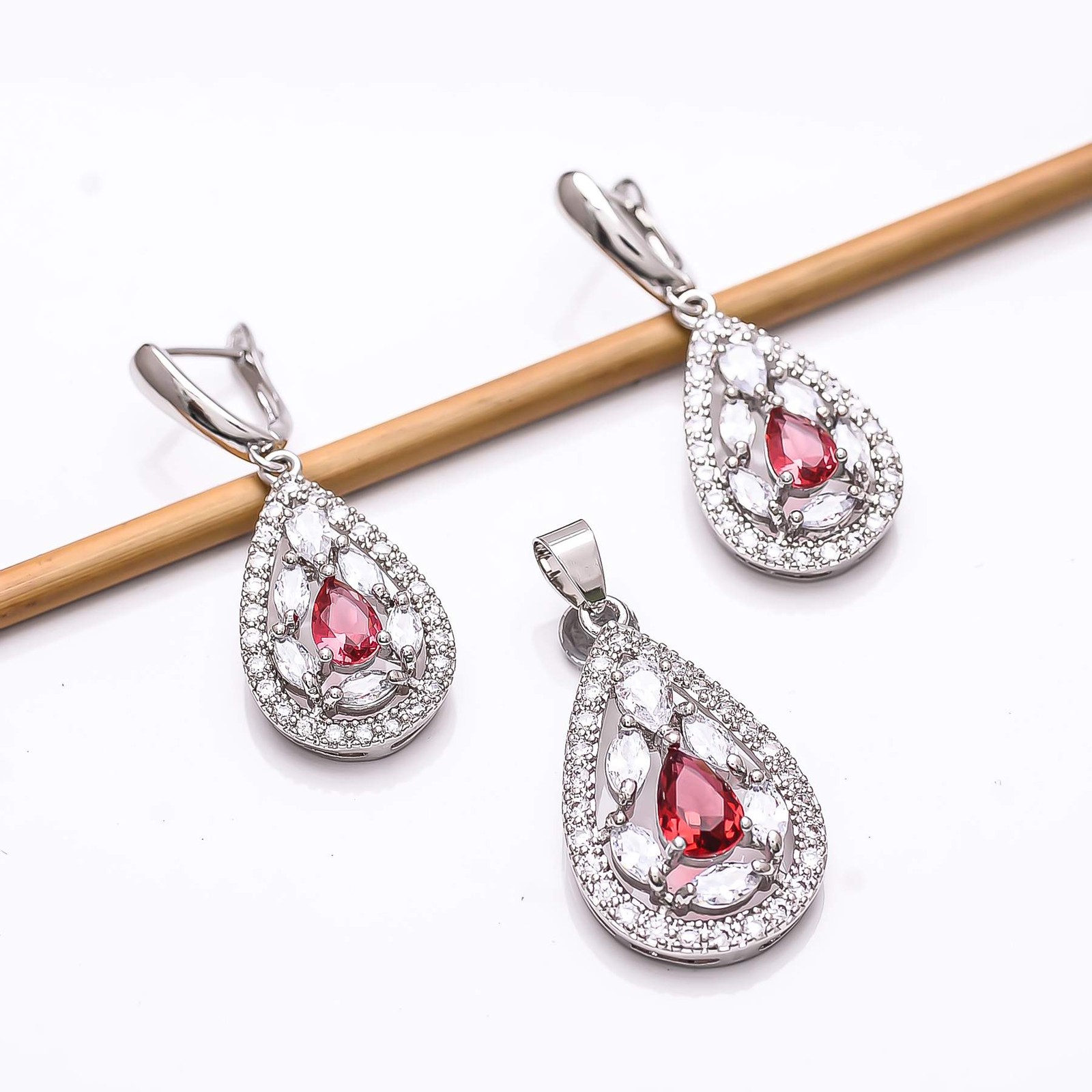 Pink Rubellite Tourmaline, CZ 925 Sterling Silver Pendant Earring Set PS_9752_18