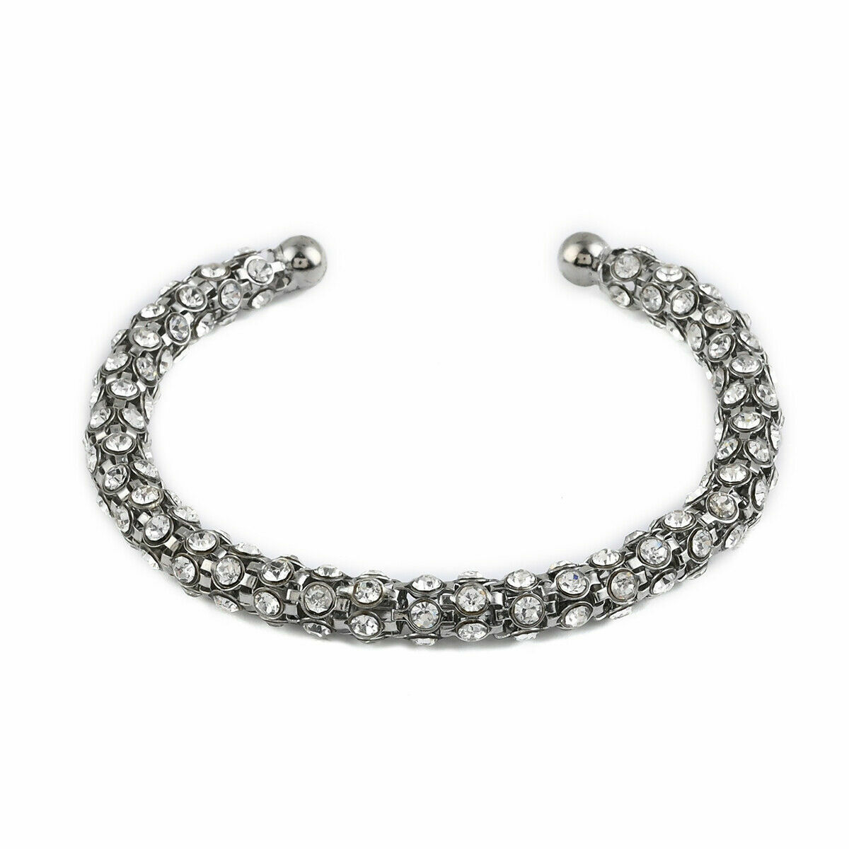 Black & White Sterling Silver Crystal Bangle Cuff Bracelet For Women Size 7″
