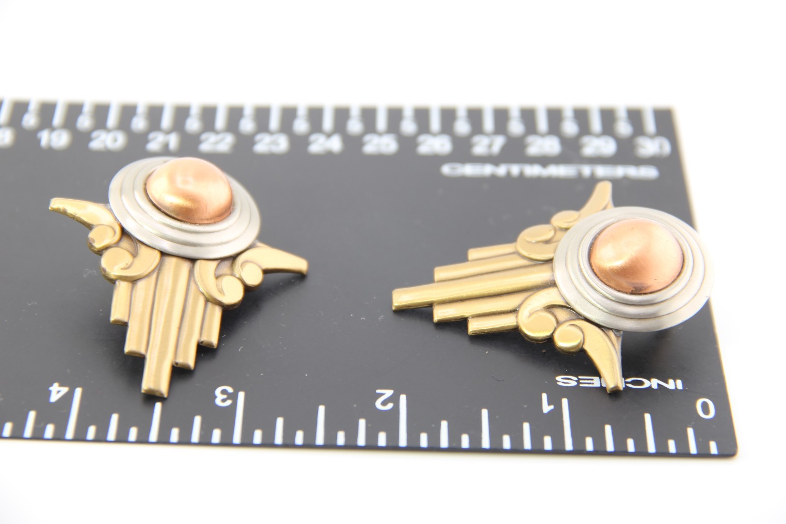 Vintage Art Deco Style Copper, Brass And Silver Color Metal Earrings Made in USA