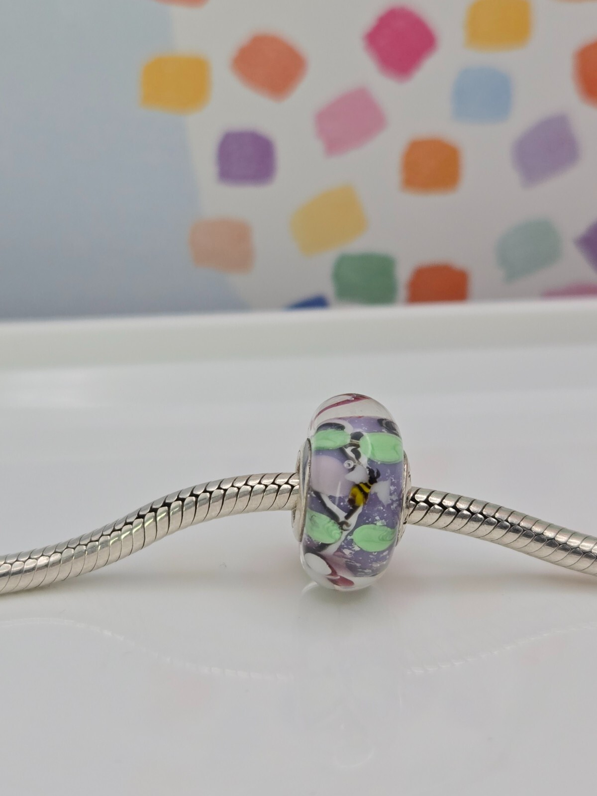 Authentic Pandora Bee silver flowers bee Murano Glass Silver murano Charm