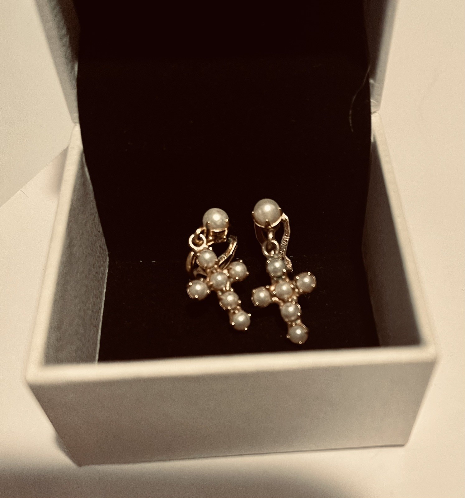 1” Dangle Faux Pearl/gold Cross Earrings Clamp Closing. Precious. Branded