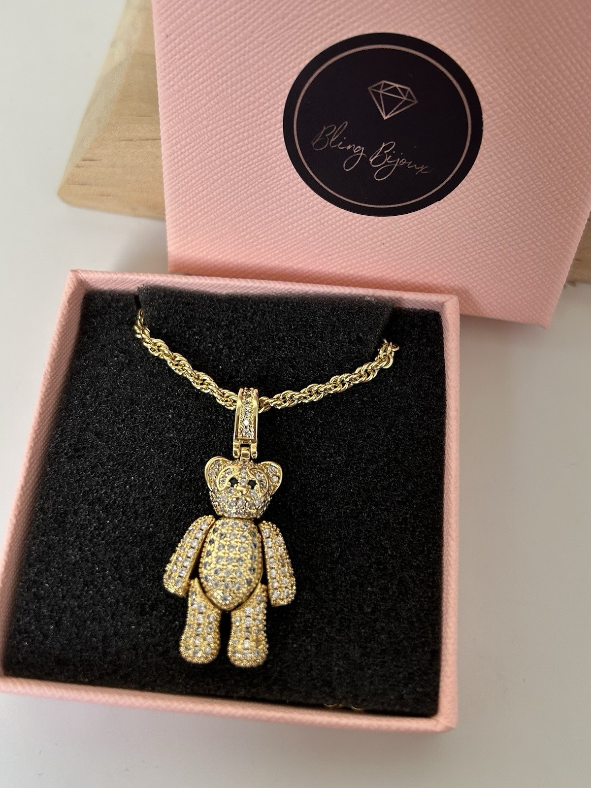 18ct G.F & CZ Stone Teddy Bear Pendant Necklace 55cm (22’) Rope Chain 18K Filled