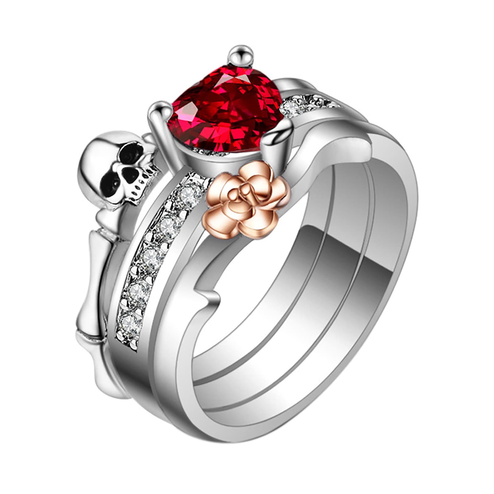 3-in-1 Women Gothic Punk Skull Cube Zirconia Ring Stainless Steel Stackable Ring