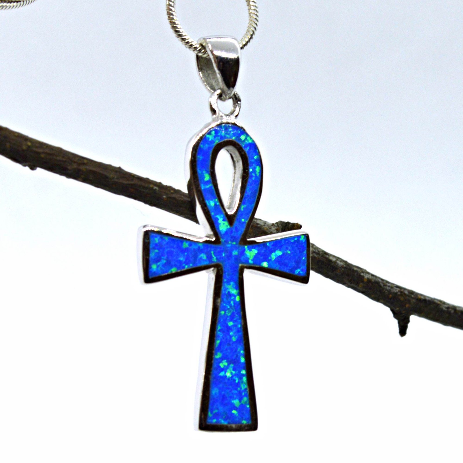 Egyptian Ankh Blue Opal & Sterling Silver Pendant. Protection, Cross of Life