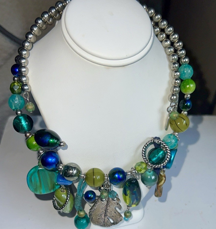Treska Signed Blue Green Glass Beaded Statement Necklace Silver Tone Charms