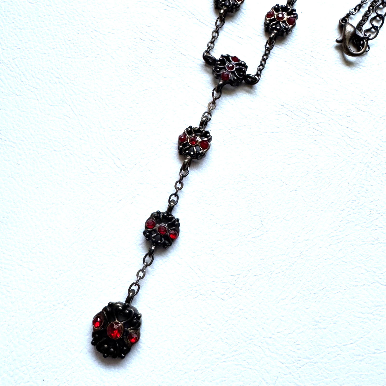 Gothic Red Rhinestone Y Drop Necklace Filigree Rosary Style Antique Bronze Goth