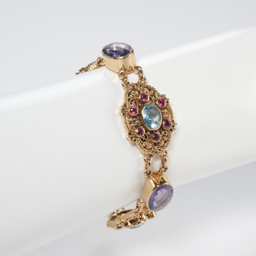 Nicky Butler Gold Tone Purple Blue Pink Cabochon Bejeweled Panel Bracelet 7.5″