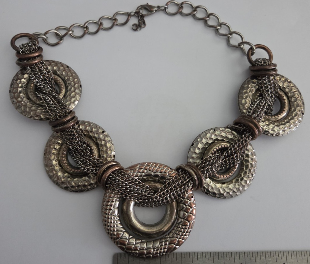 Rustic Primitive Hammered Metal Statement Necklace Chunky Circular Links Artisan