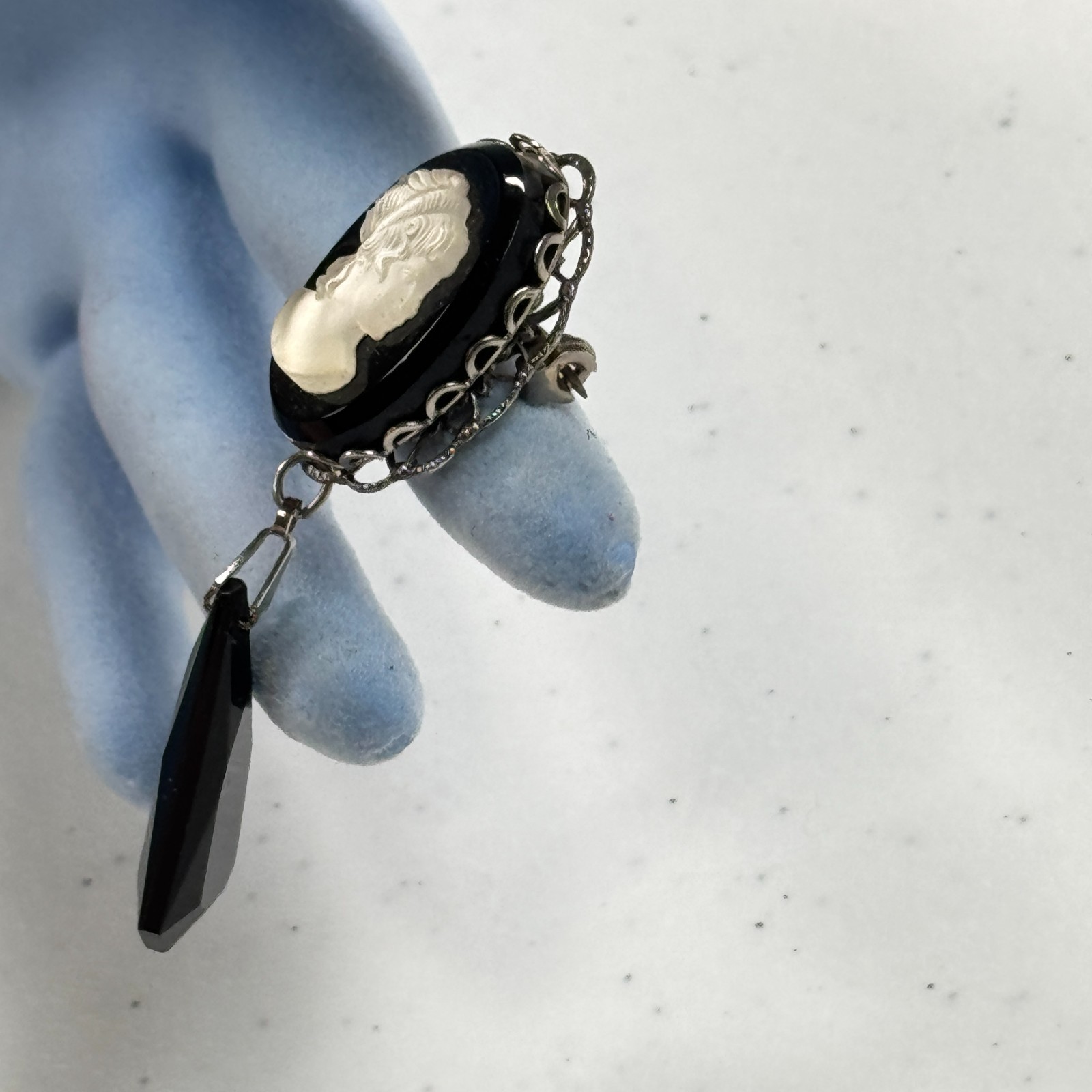 Vintage Cameo Brooch Pendant Black Glass Dangle Victorian Revival Silver Tone