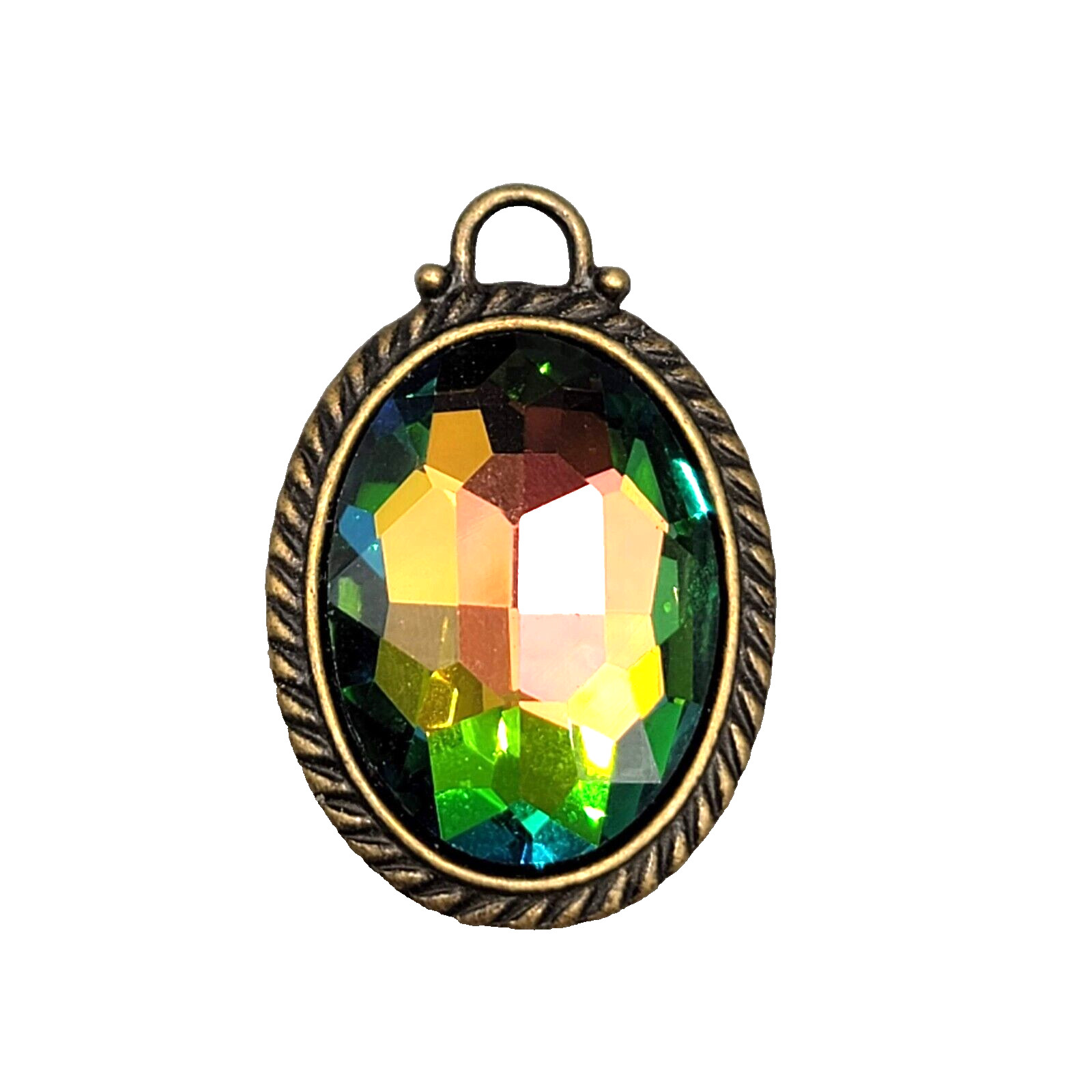 Rainbow Faceted Glass Oval Pendant Only Bronze tone 1.5″