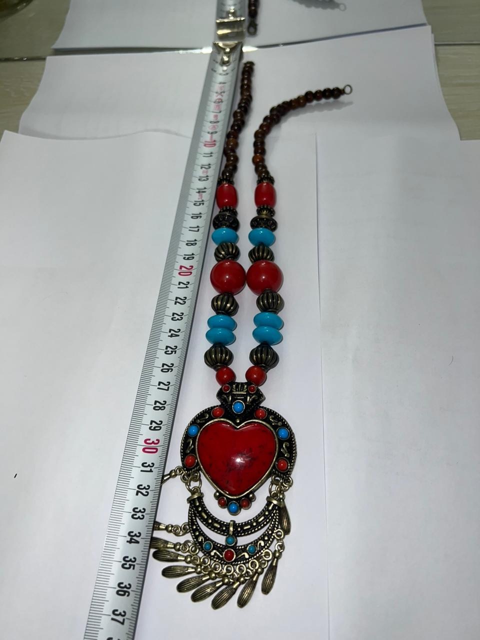 Vintage Tibetan Style Boho Statement Necklace Red Heart Pendant Ethnic Jewelry