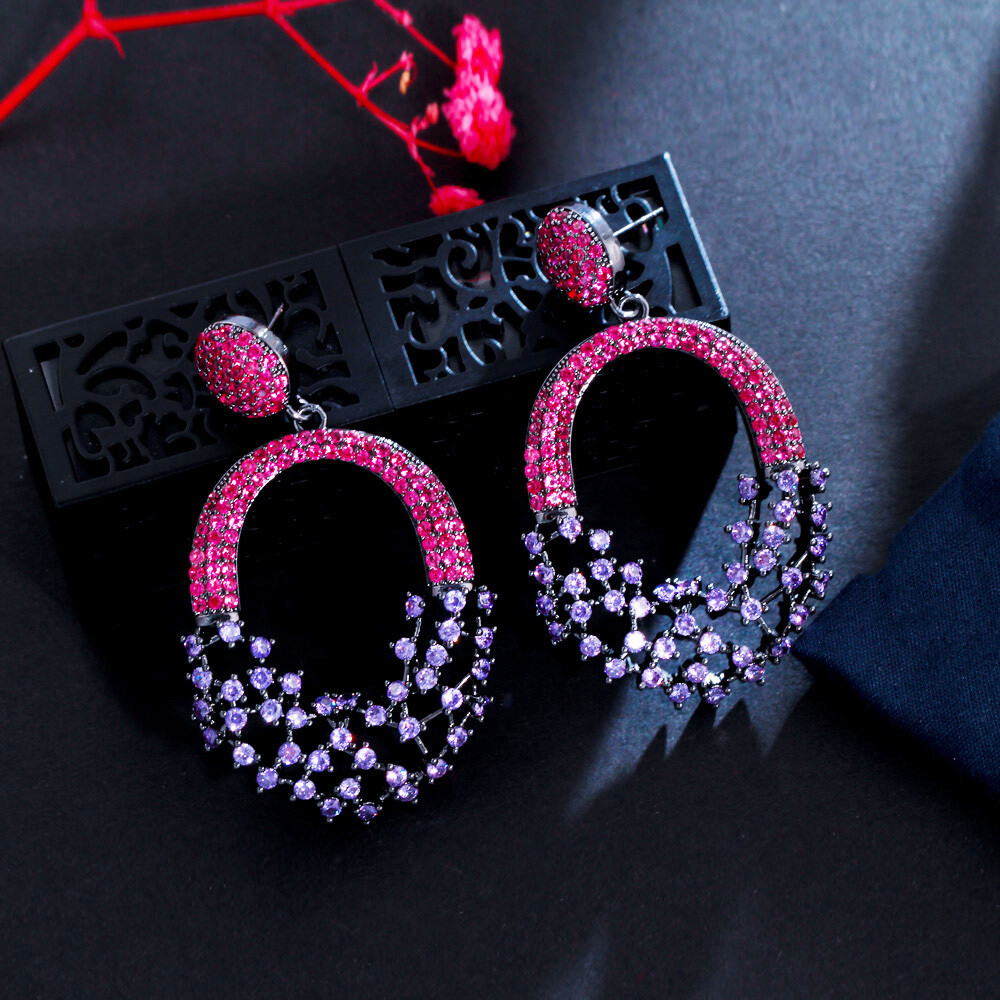 Lady Gorgeous Black Gold Plated Hot Pink Purple Zircon Long Dangle Drop Earrings