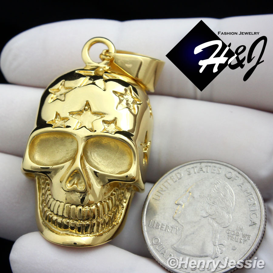 24″MEN Stainless Steel 5mm Gold Plated Cuban Curb Necklace Skull Pendant*GP84