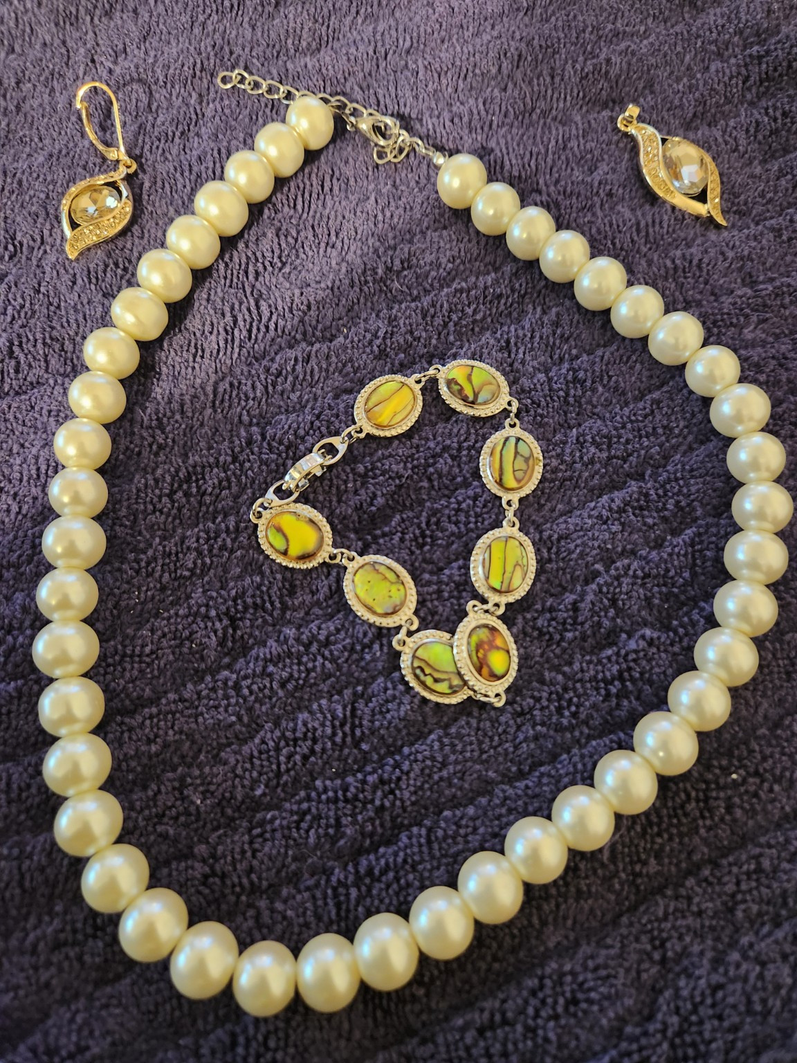 Fashion Jewelry Set – Faux Pearl Necklace, Abalone Style Bracelet & Crystal Earr