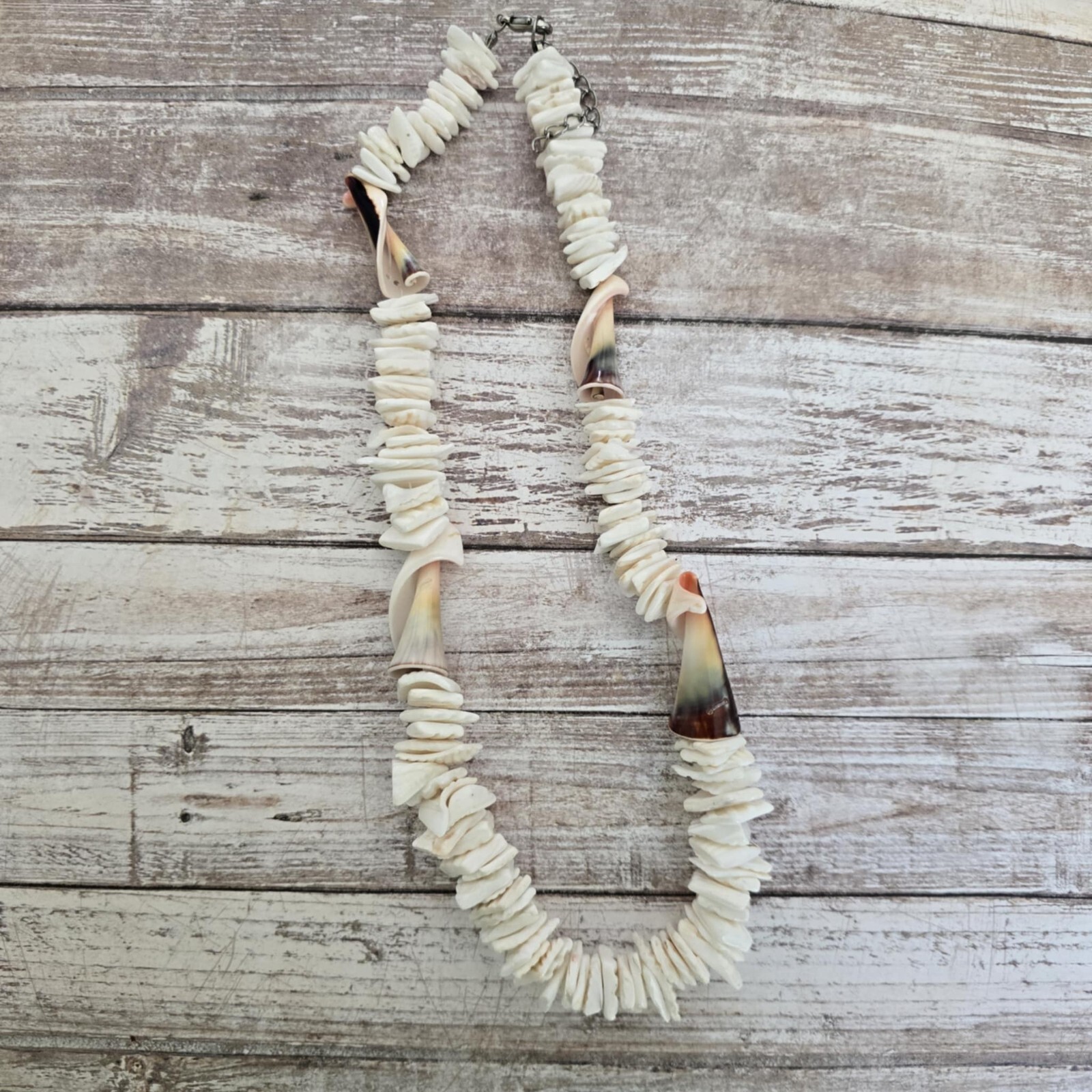 White Chipped Puka Sea Shell Necklace interlaced Cone Sea Shells Hawaii Surfer