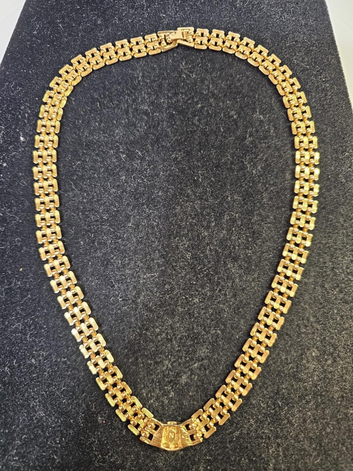 Elegant Goldtone Wide Choker Necklace w green & clear stones 17″ w/ mark “N- S90