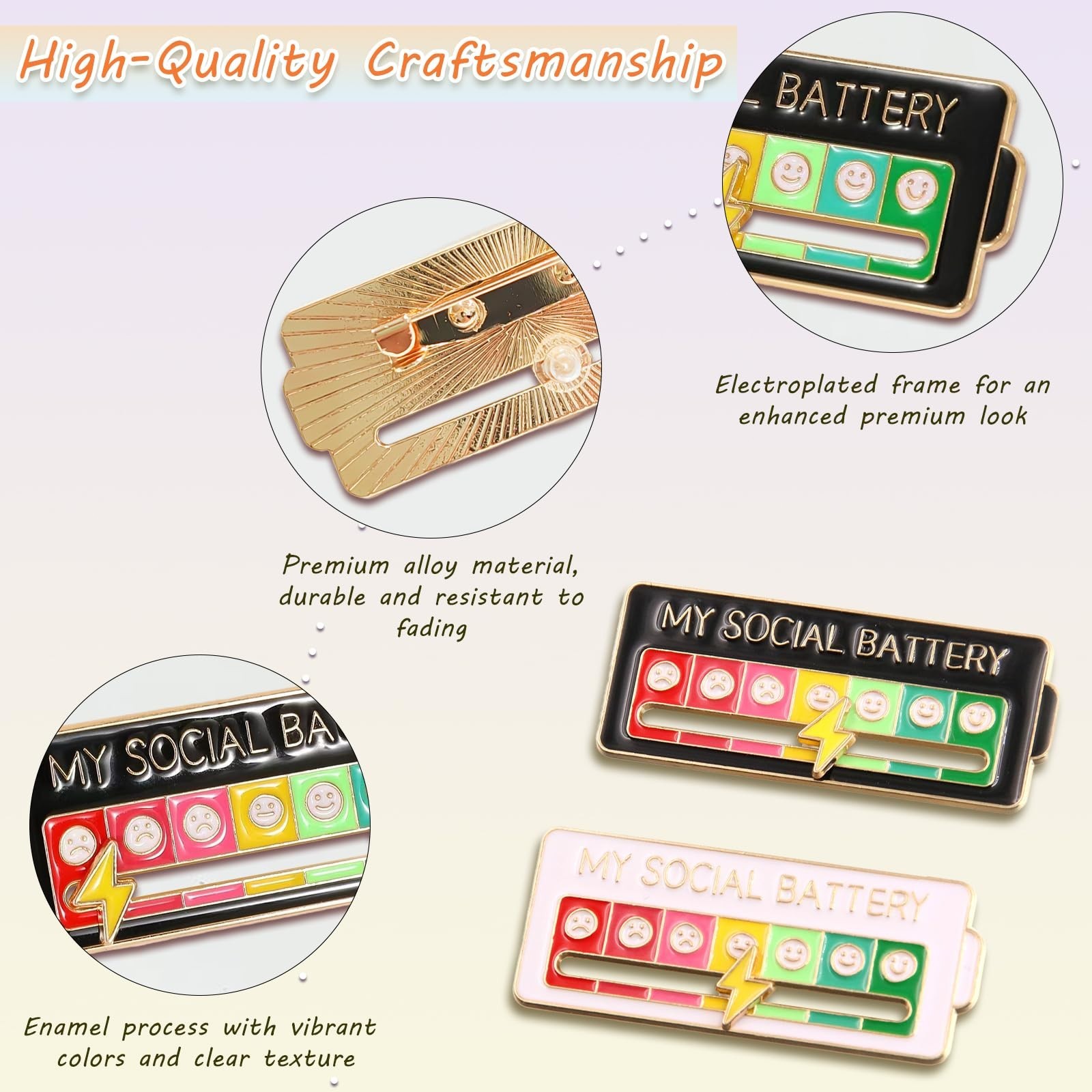 Black/White Social Battery Slider Pin, 7‑Day Funny Mood Brooch for Bags & Hats