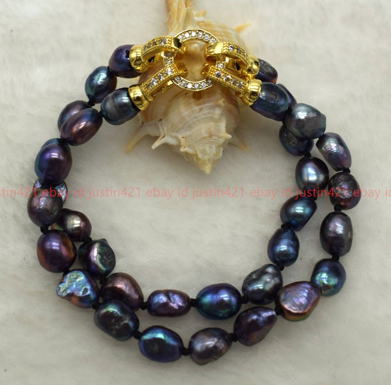 New Natural Pretty 2 Row 7-8/8-9mm Black Baroque Pearl Gemstone Bracelet 7-9 In