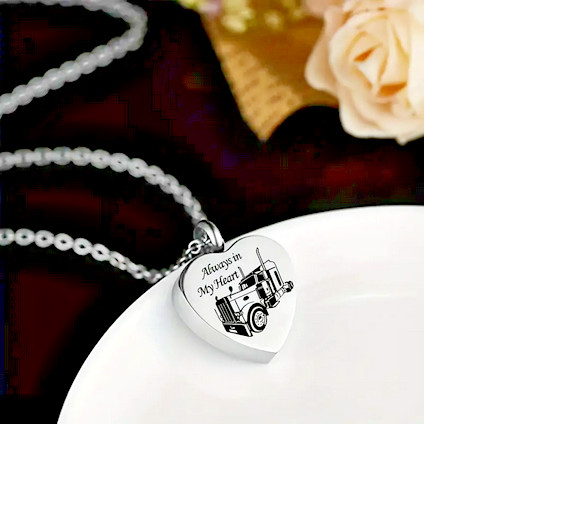 TRUCK DRIVER URN MEMORIAL ASHES HEART pendant 18″ 925 Sterling Silver Necklace