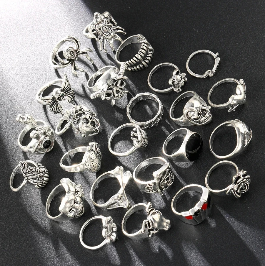 24pcs Gothic Skeleton Ring Set Punk Grunge Unisex Street Jewelry Gift