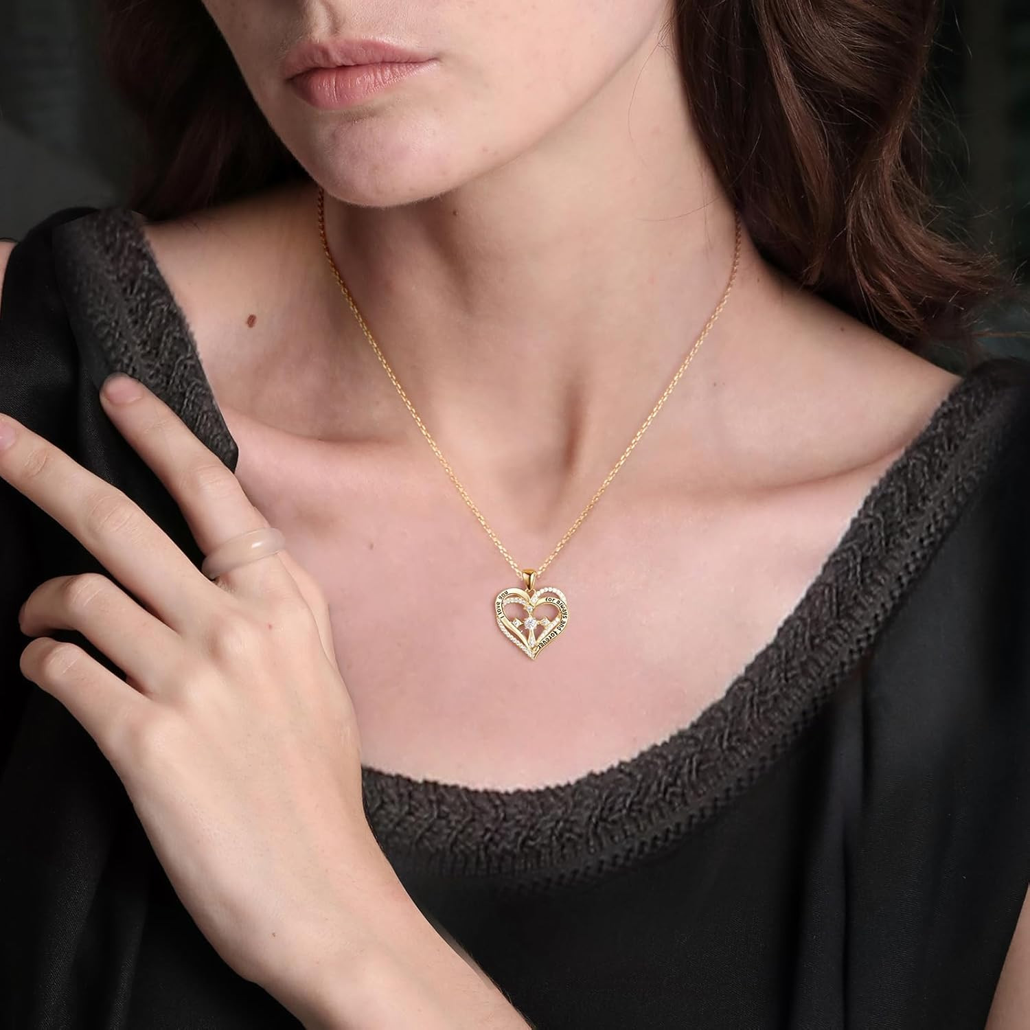 Gold Plated Heart Cross Cat Necklace for Women Cz Diamond Cat Cross Heart Neckla