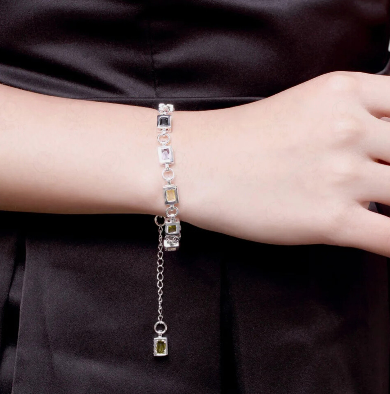 925 Sterling Silver Bracelet Length 7-9 in Round Link Chain Multi-Color Crystals
