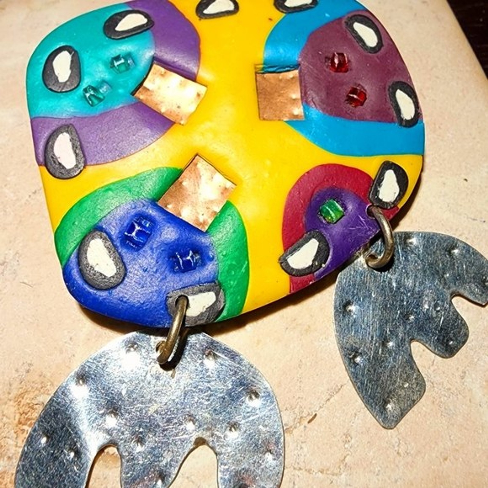 1990s Yellow blue and green decorated abstract irregular geometric shapes brooch
