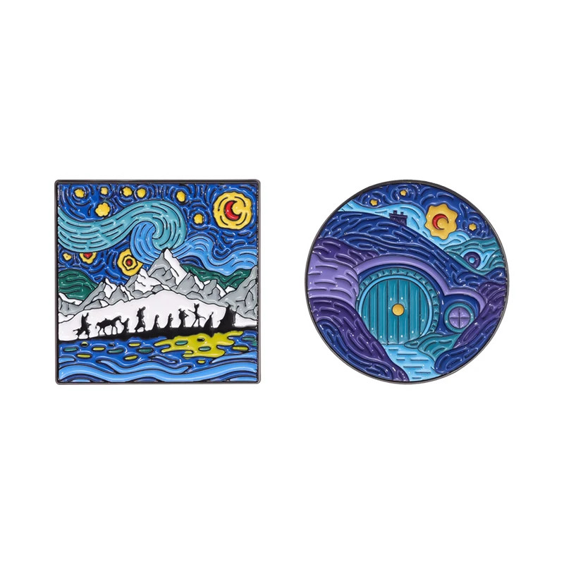Van Gogh Starry Night Enamel Pin Brooch Set of 2 Gate of Kings Badge Jewelry Pin