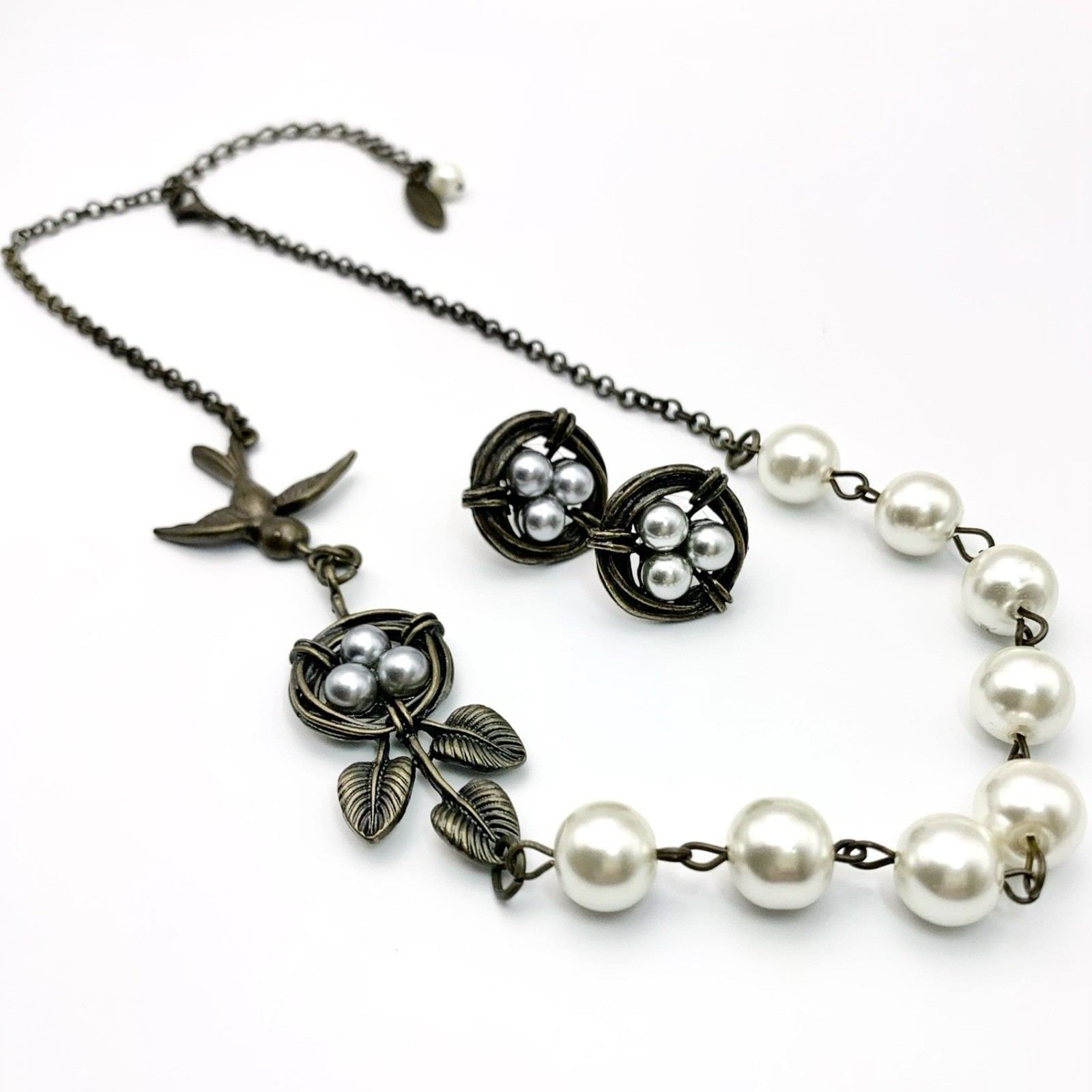 Plunder Bronze Tone 3D Bird Nest Gray Pearl Eggs Necklace And Earrings Set 17”