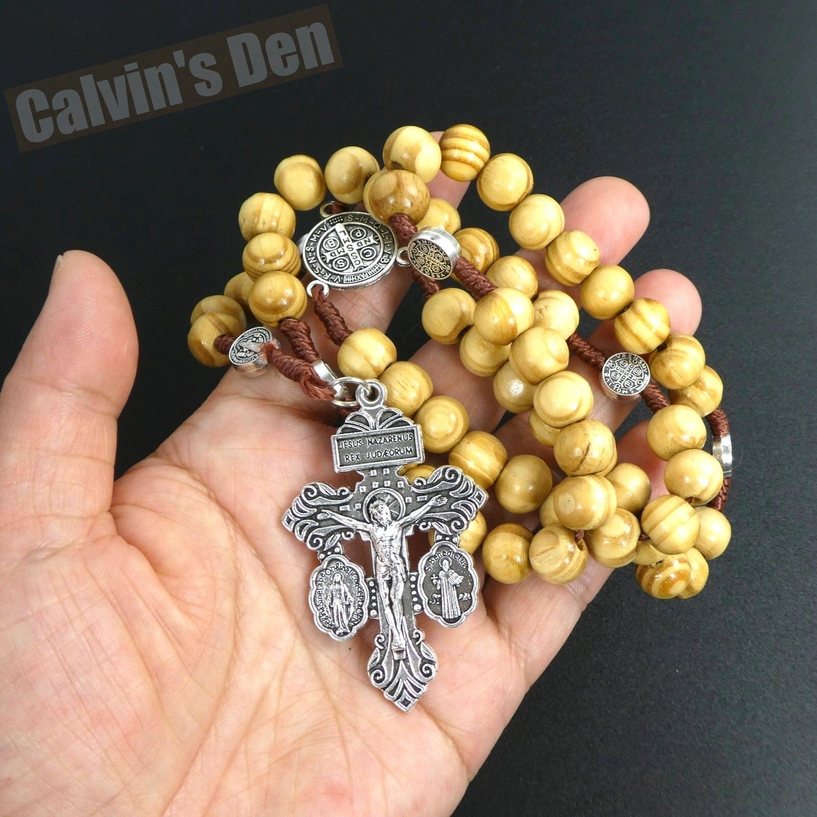 St Benedict 3-Way Pardon Crucifix Rosary Necklace Wood Bead Five Decade Cross