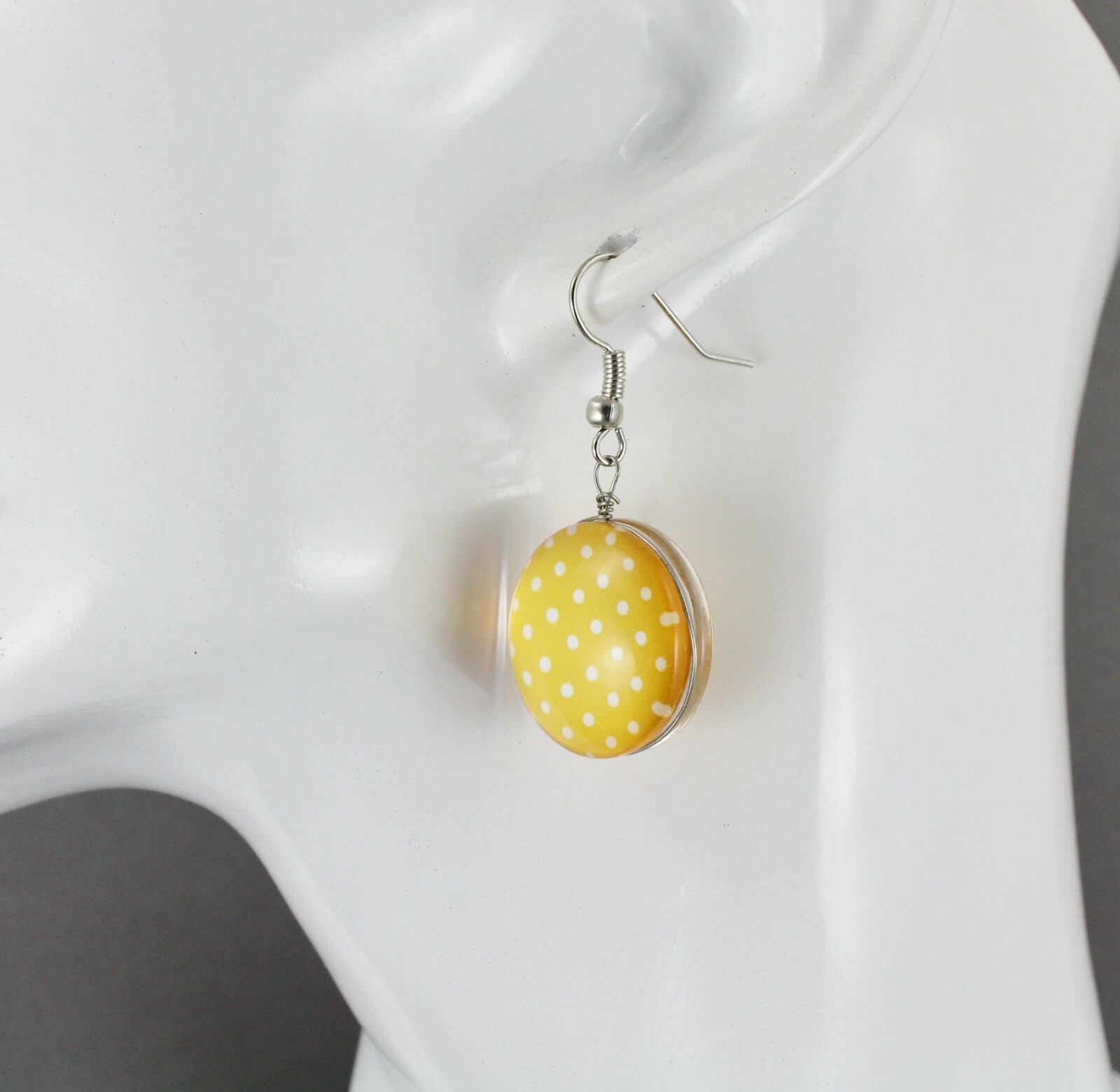 Yellow earrings polka dot dangle jewelry 1 5/8″ long medallion white dots
