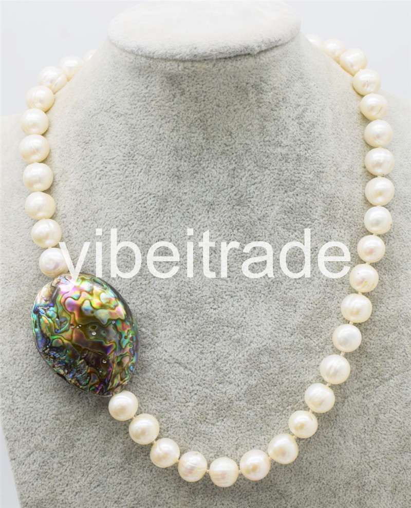 freshwater pearl white near round 11-12mm and abalone egg necklace 18inch