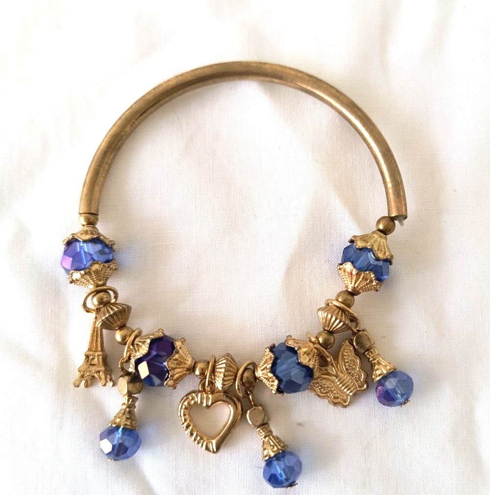 Fashion Jewelry Stretch Bracelet Gold Color Metal Charms Blue Acrylic Charms