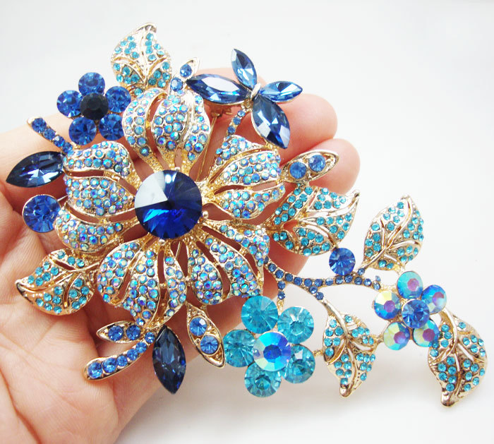 Vintage Style Blue Rose Flower Brooch Pin Rhinestone Crystal Woman Jewelry