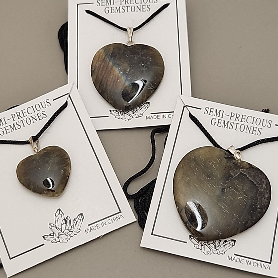 Labradorite Heart Pendant Necklace Lot of 3 Polished Black Corded Varied Sizes