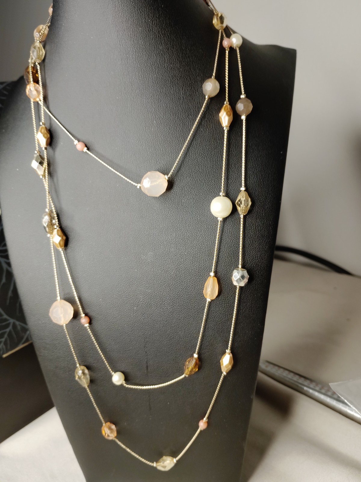 Gold Tone Layered Station Necklace Clear Teardrop Crystal Faux Pearl 36″