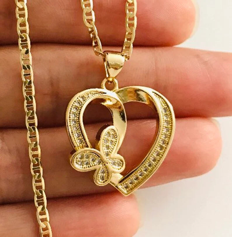 18K Gold Filled Heart Butterfly Necklace 20″ /Cadena Corazon Mariposa 20″ – P109