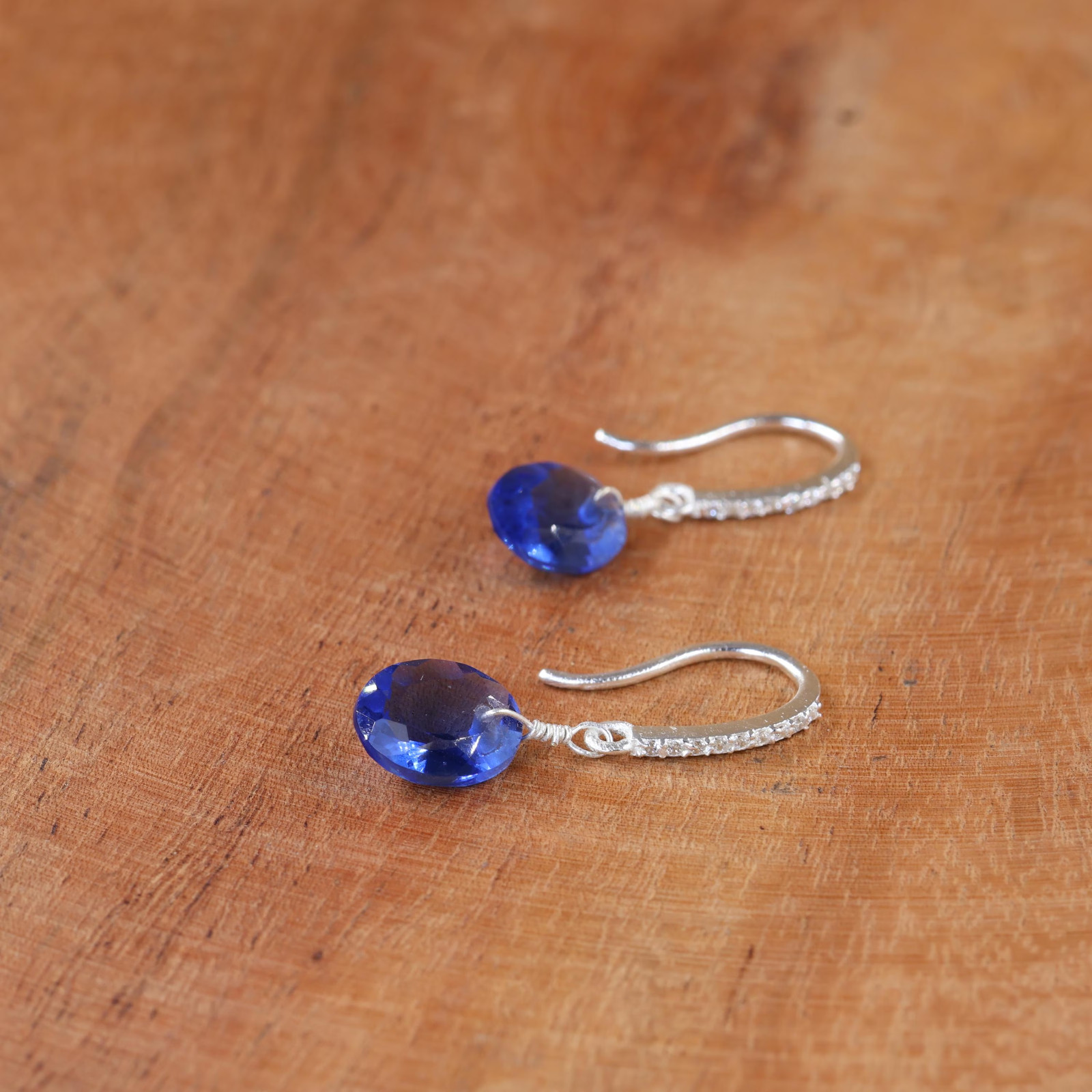 Blue Sapphire Oval Dangle Earrings, Boho Gemstone Earrings, Gift for Her