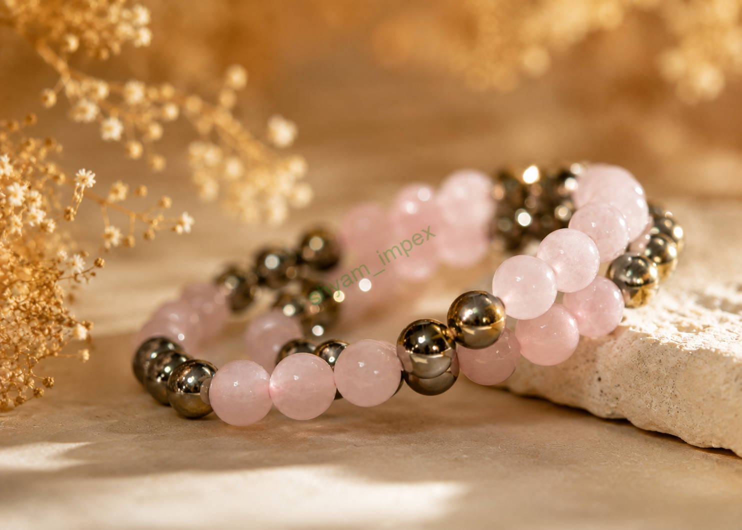 Rose Quartz & Hematite Beaded Stretch Bracelet Healing Crystal Energy Jewelry