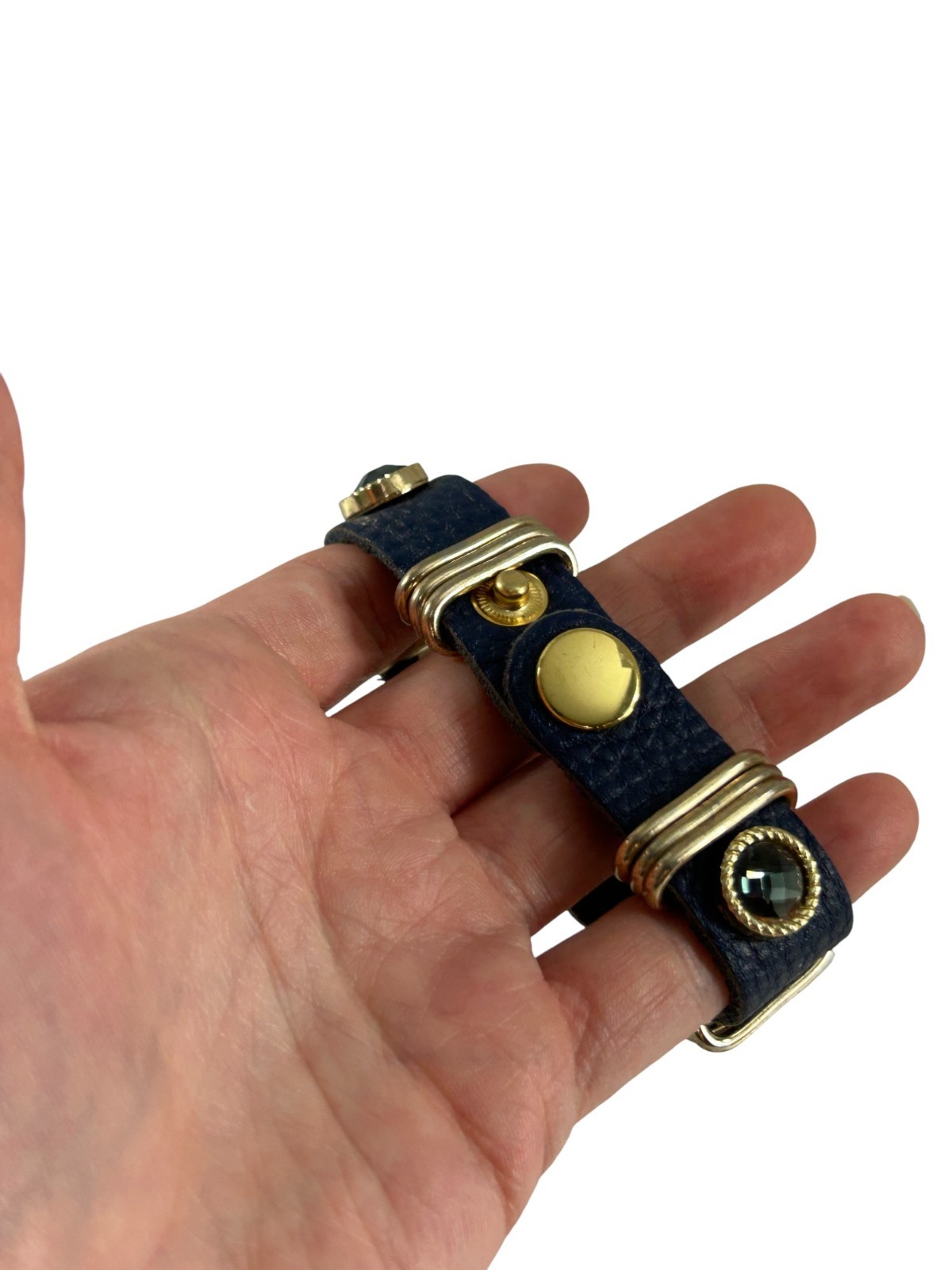 Vintage Star King Blue Leather Bracelet Gold Tone Hardware Snap Cuff Rhinestones
