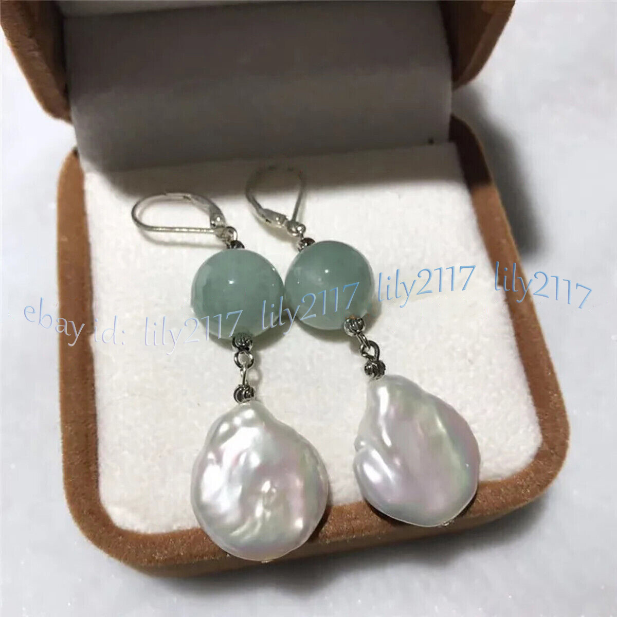 17-22mm Natural White Coin Baroque Pearl Green Jade Gems Beads Dangle Earrings