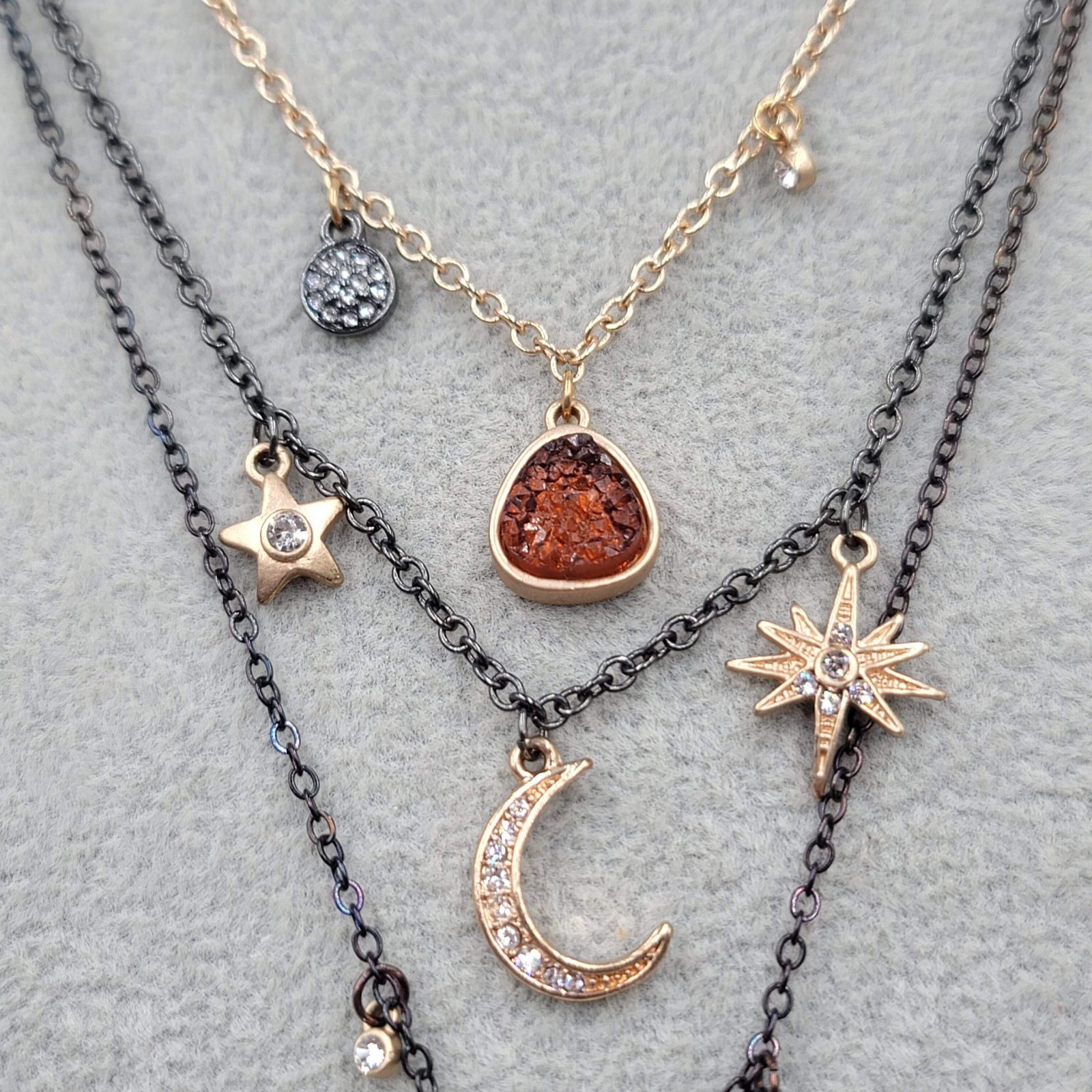 Celestial Convertible Necklace Silver tone Tri tone Charms 16″ Adj