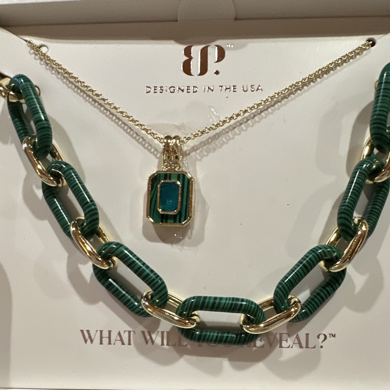BP Lab-Created Green Paraiba Tourmaline Quartz CZ Malachite Gold Necklace Set